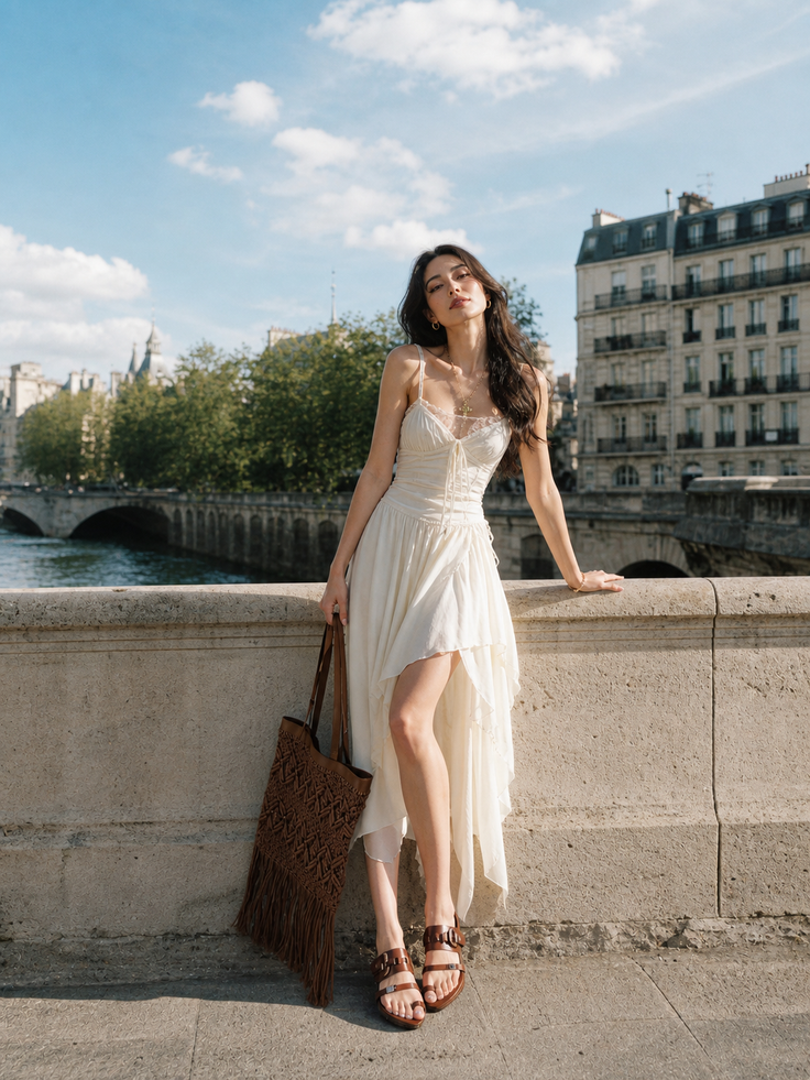 Woman in a white dress and sandals posing on a bridge in a city