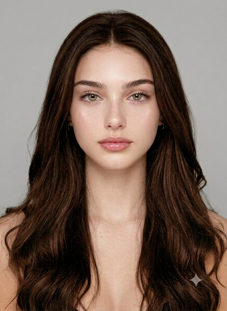Woman with long dark brown hair and green eyes in a studio portrait
