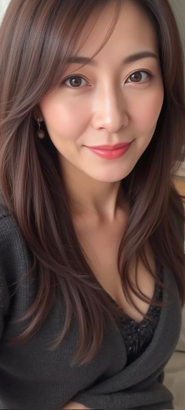 Woman with long brown hair and earrings wearing a dark top with cleavage