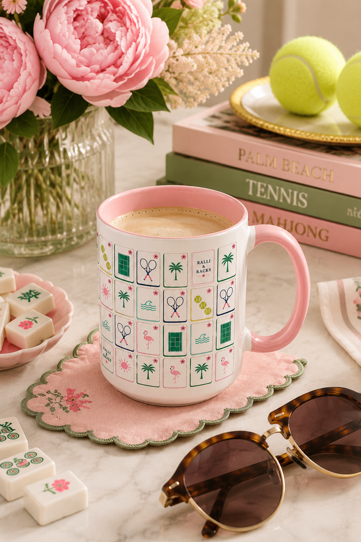 Coffee mug with tennis and flamingo designs, surrounded by flowers and mahjong tiles