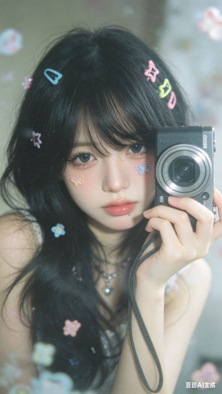 Woman with long black hair and colorful hair clips holding a camera