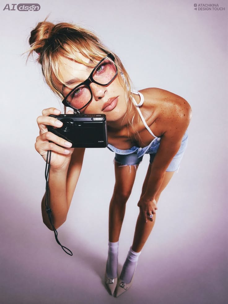 Woman in denim shorts and glasses holding a camera, bending forward