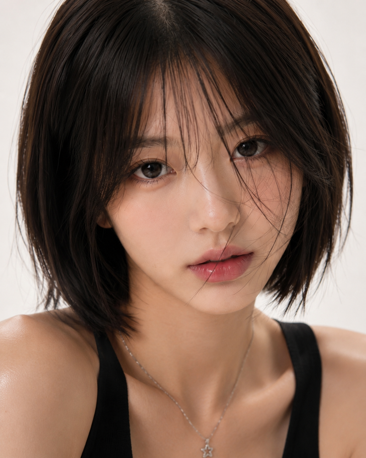 Woman with short black hair wearing a black top and star necklace