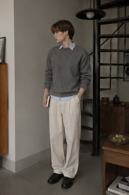 Man in a gray sweater and light pants standing indoors
