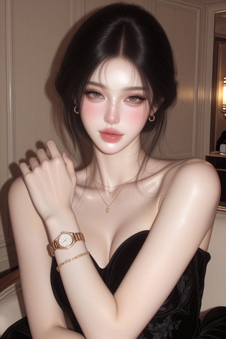Woman with black hair wearing a strapless dress and jewelry