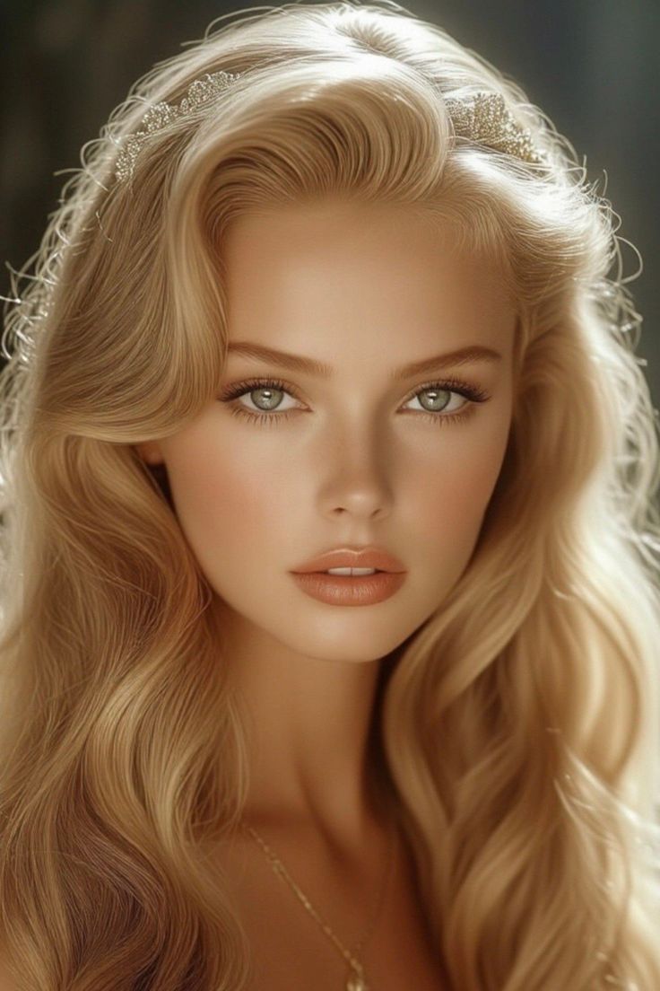 Blonde woman with green eyes and a tiara, looking directly at the viewer