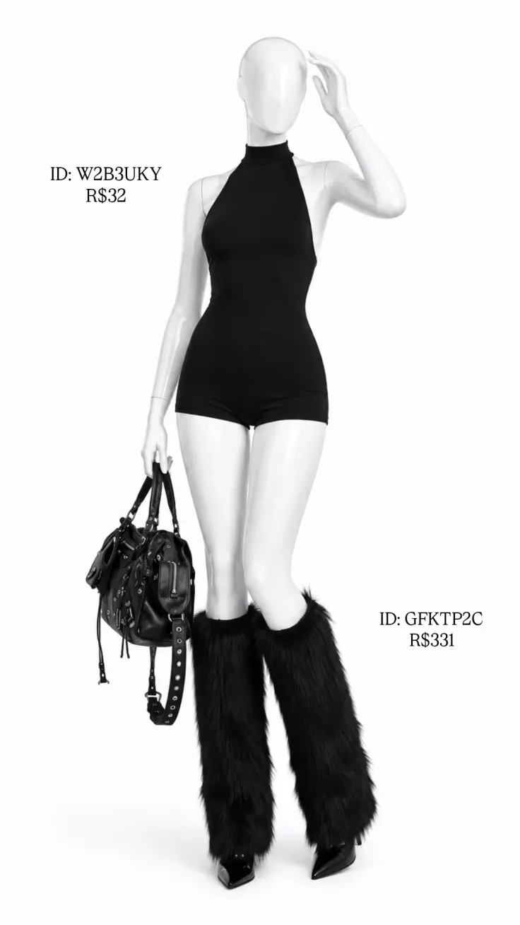 Mannequin wearing a black bodysuit, fur leg warmers, and holding a black handbag