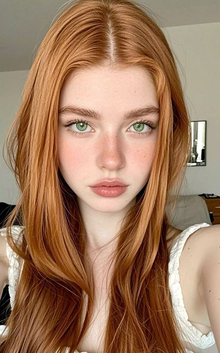 Woman with red hair and green eyes looking directly at the viewer