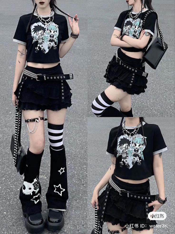 Person in gothic-style black crop top, mini skirt, and striped socks