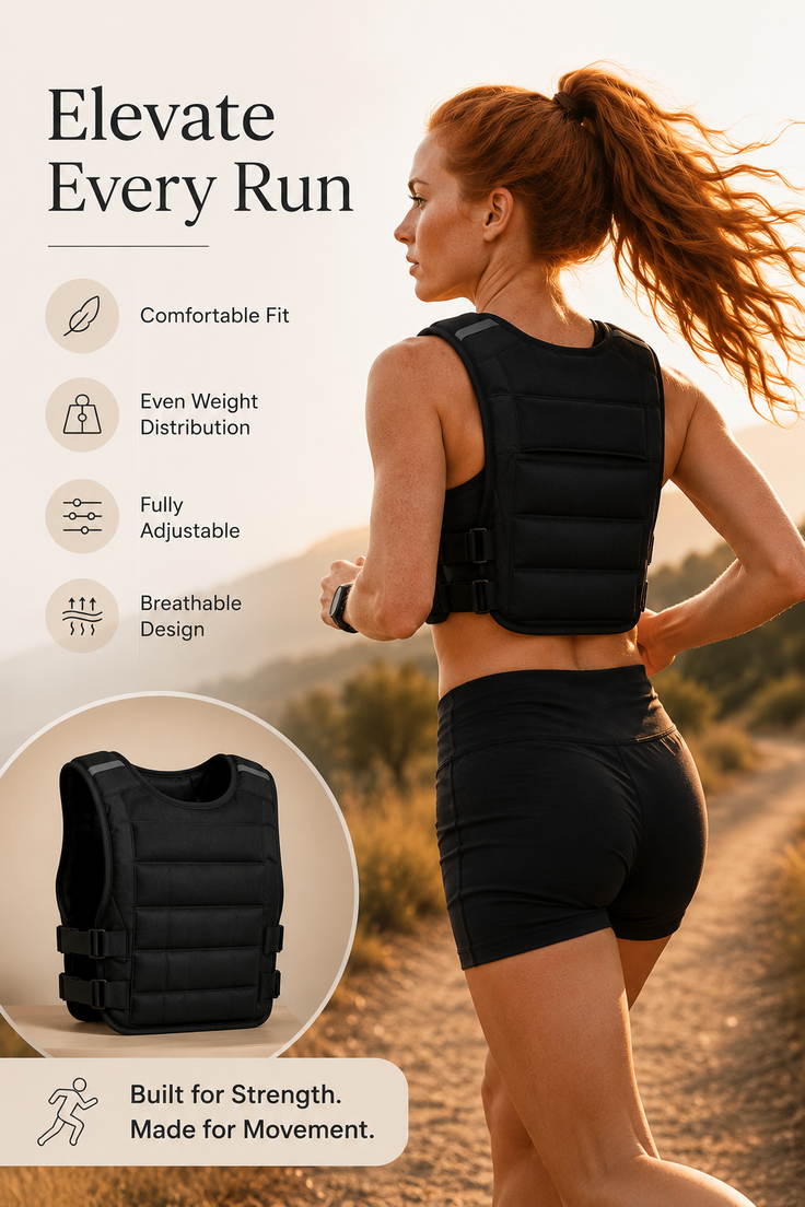 Woman with red hair wearing a weighted vest and running shorts outdoors at golden hour