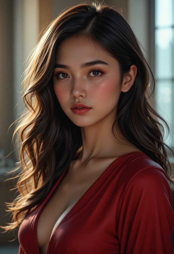 Woman with long hair in a red dress with cleavage, soft indoor lighting