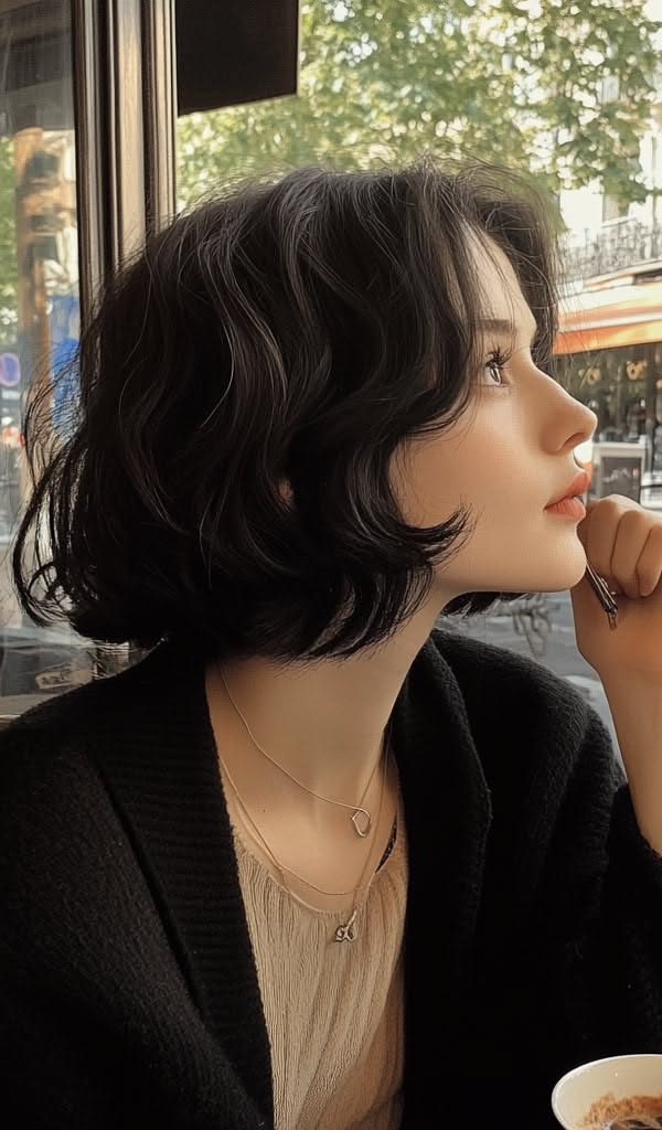 Woman with short wavy black hair wearing a black cardigan and layered necklaces indoors