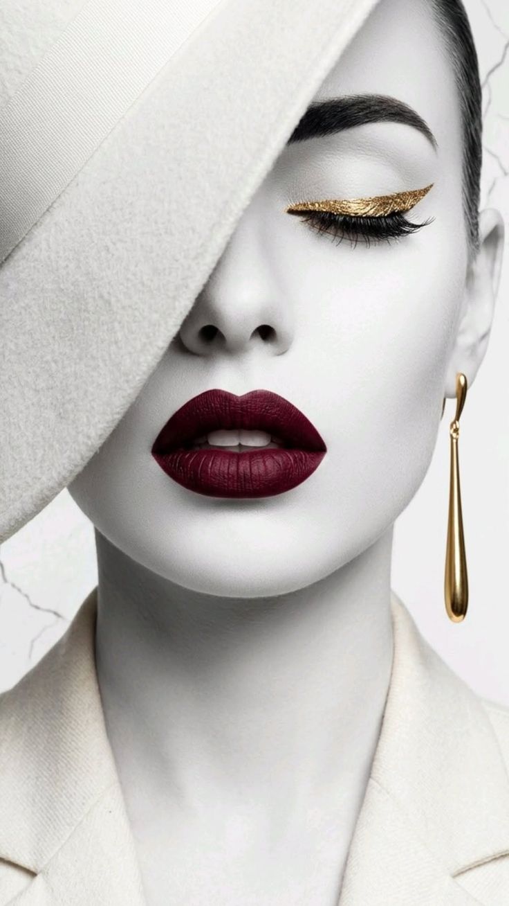 Woman in a white hat with gold eyeliner and dark red lipstick