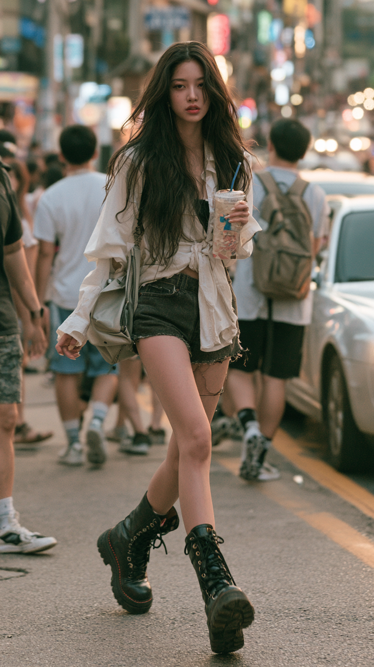 Woman with long hair in denim shorts and combat boots walking on a street