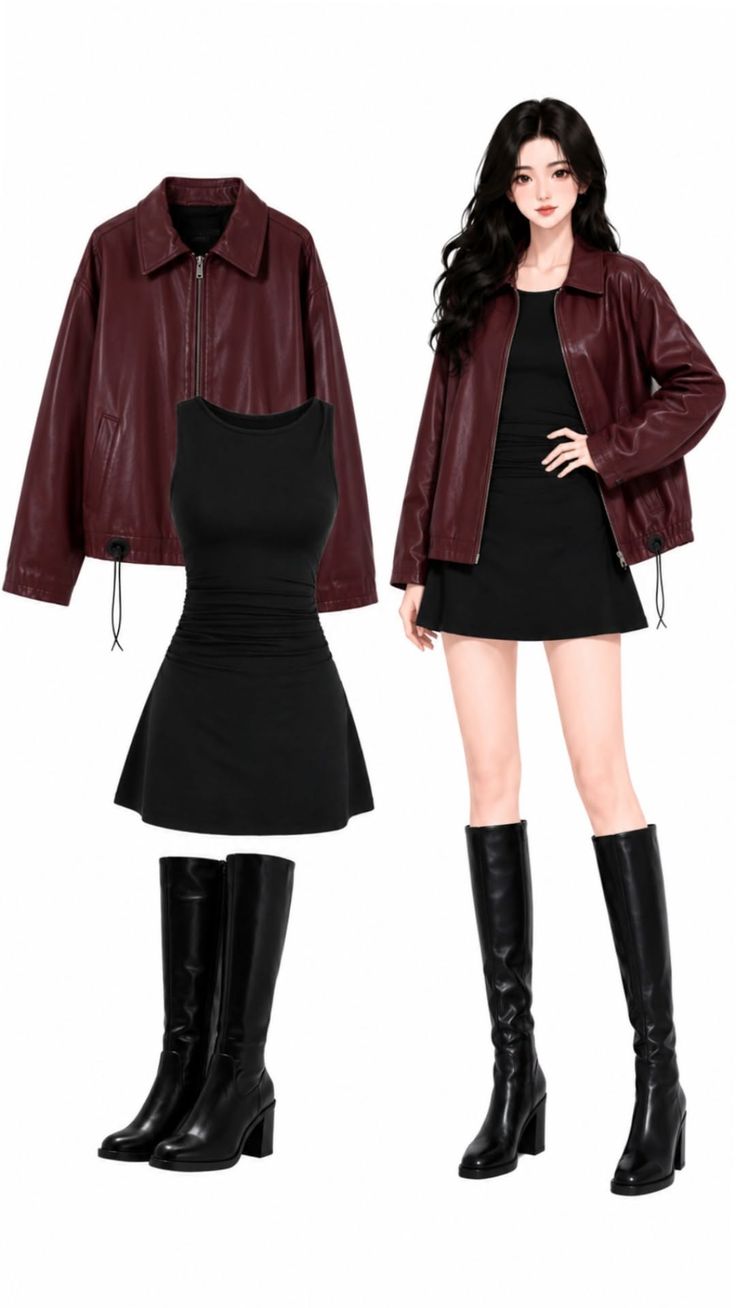 Illustration of a woman in a black dress, leather jacket, and knee-high boots