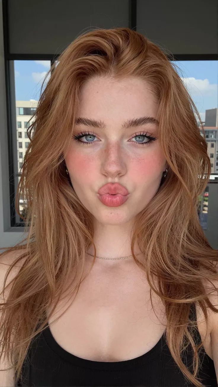 Woman with red hair and blue eyes making a kissy face indoors