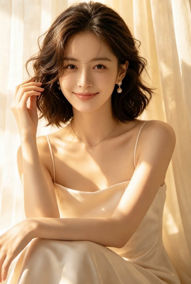 Woman with short wavy hair wearing a spaghetti strap dress and pearl earrings