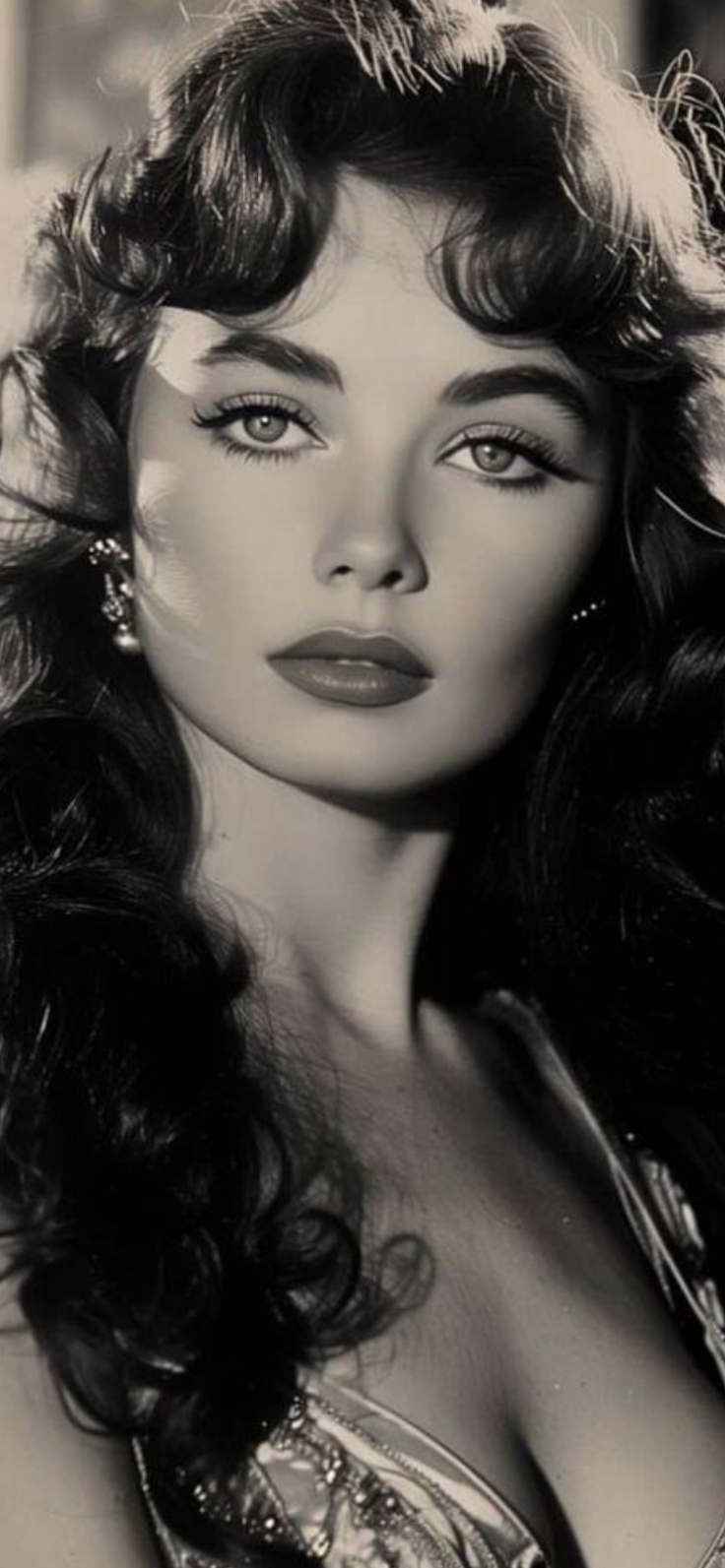 Black and white portrait of a woman with dark, curly hair and dramatic lighting
