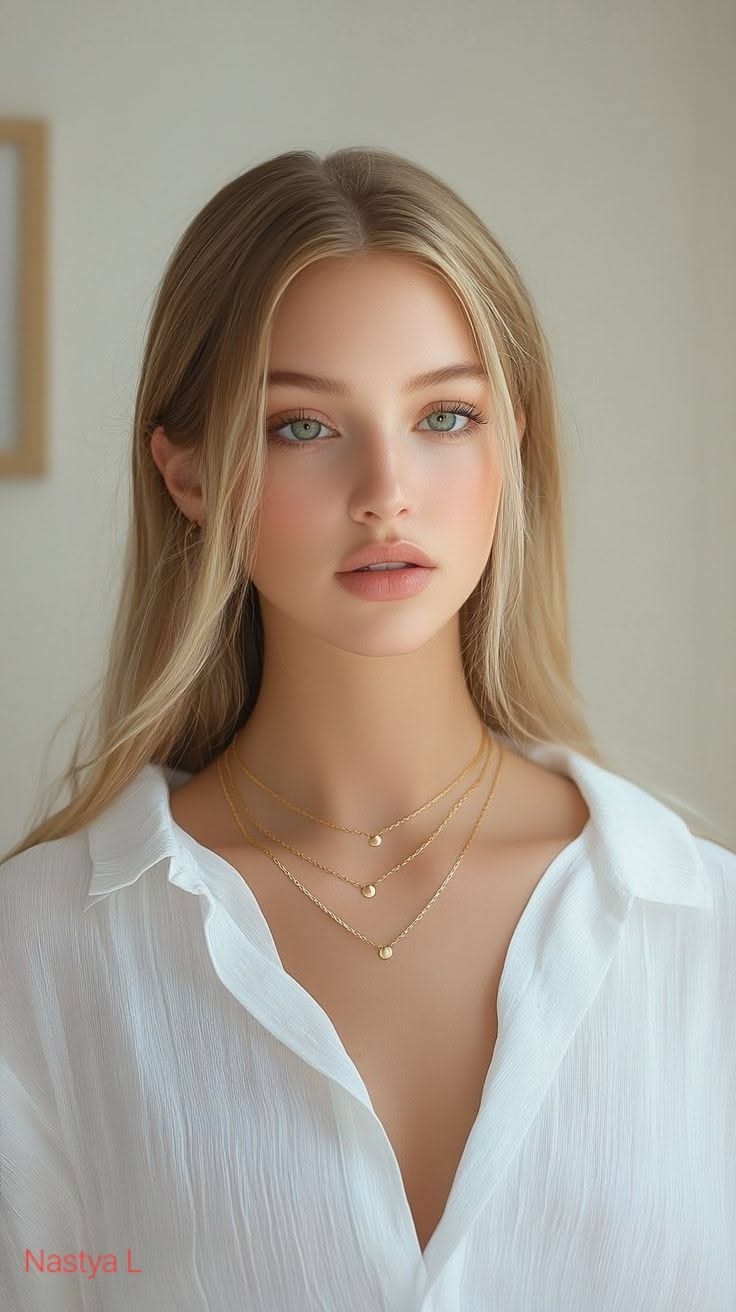 Woman with long blonde hair and green eyes wearing a white shirt and layered necklaces