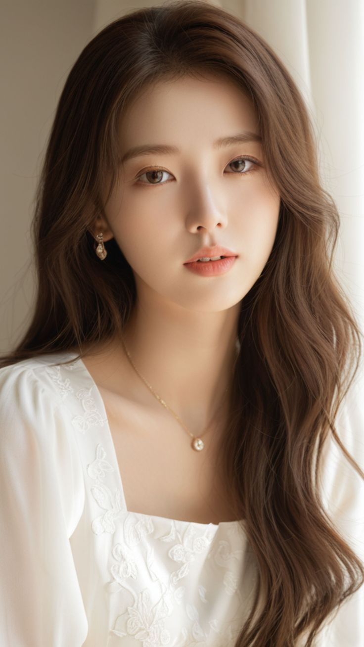 Woman with long brown hair wearing a white dress and jewelry