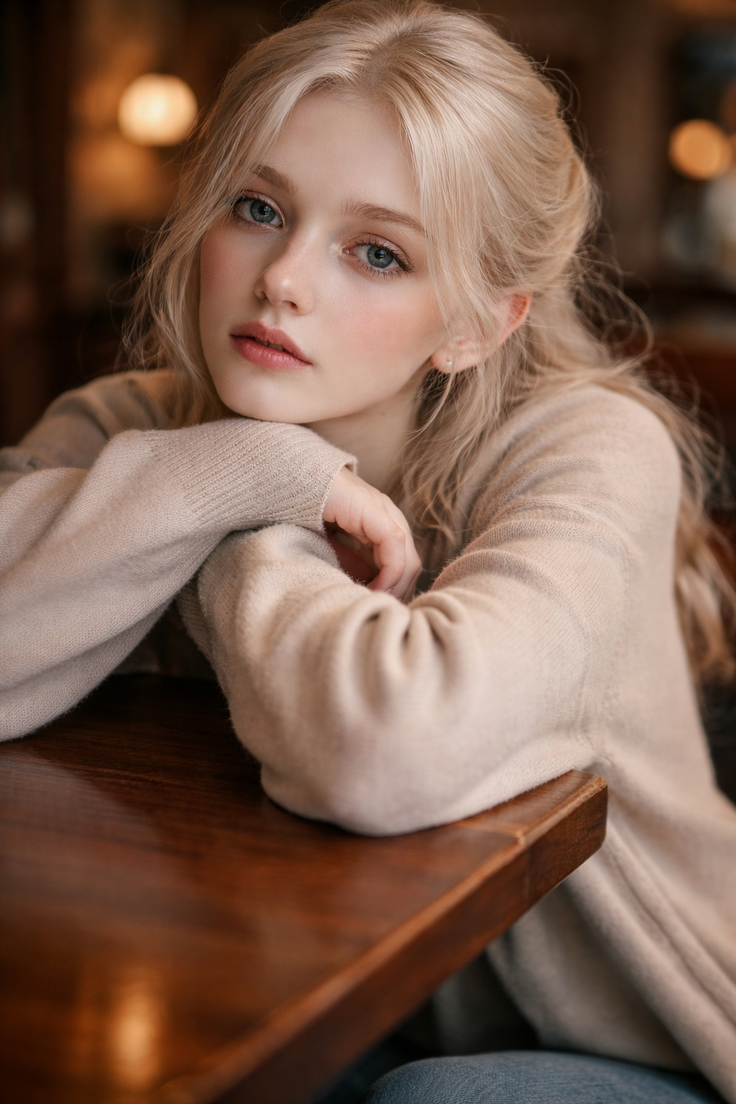 Young woman with blonde hair and blue eyes wearing a sweater, leaning on a table
