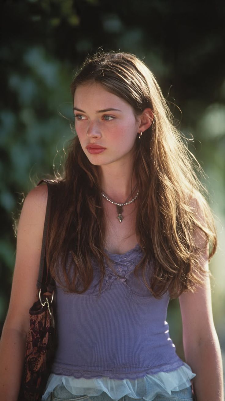 Young woman with long brown hair wearing a purple top and necklace outdoors