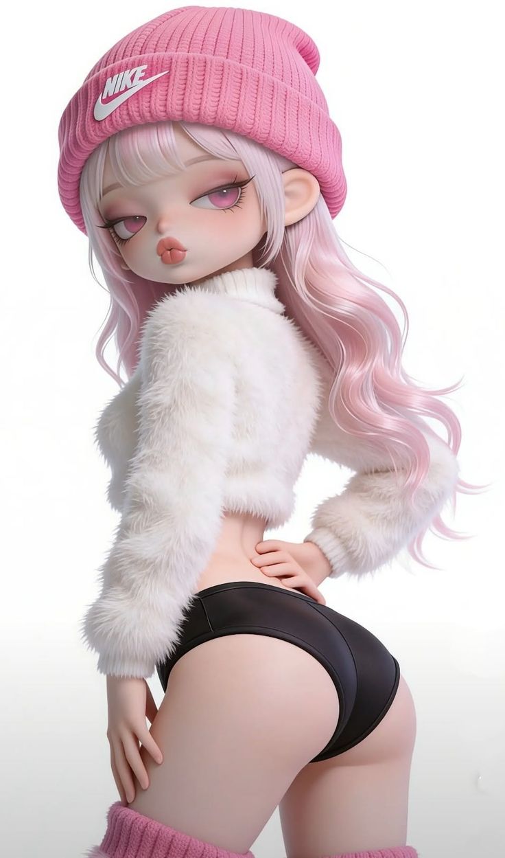 3D render of a character with pink hair and a pink beanie, wearing a fuzzy sweater and shorts