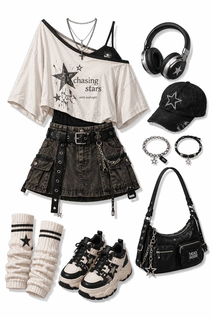Gothic style outfit with a cropped t-shirt, mini skirt, and accessories