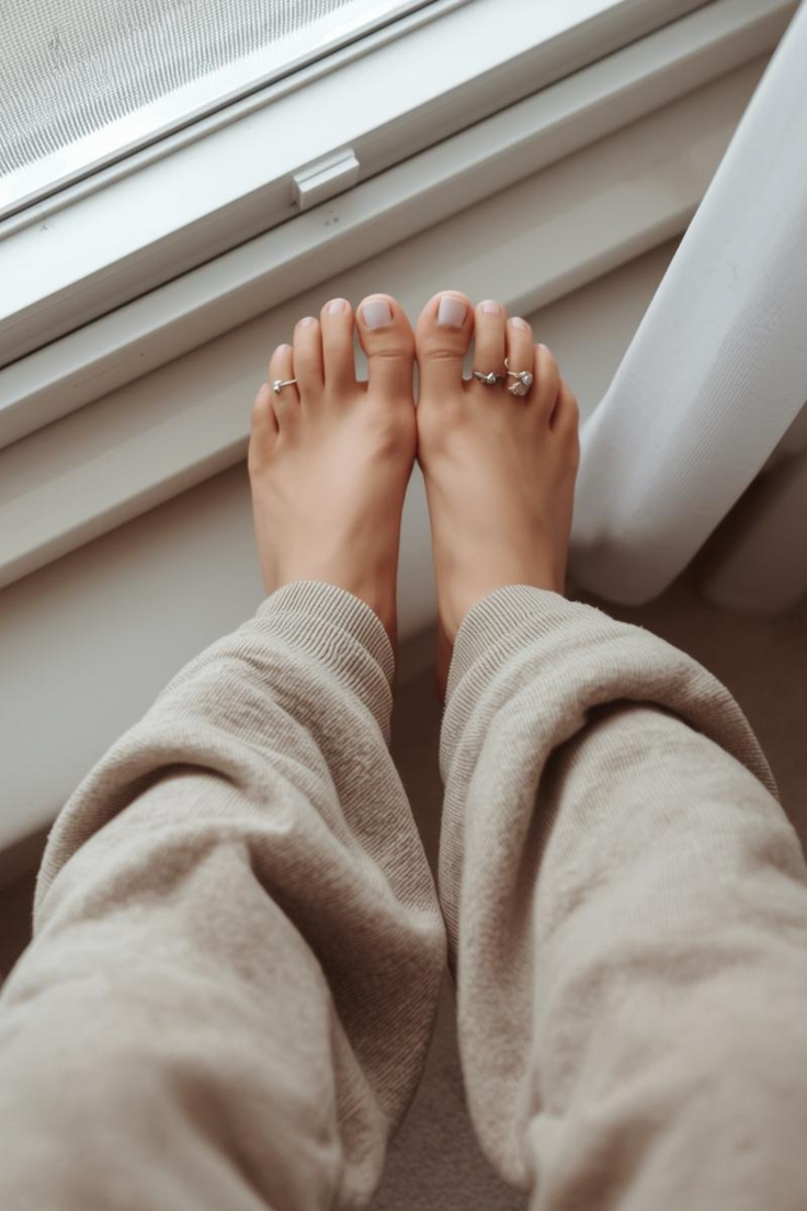 Bare feet with toe rings resting on a window sill, wearing sweatpants