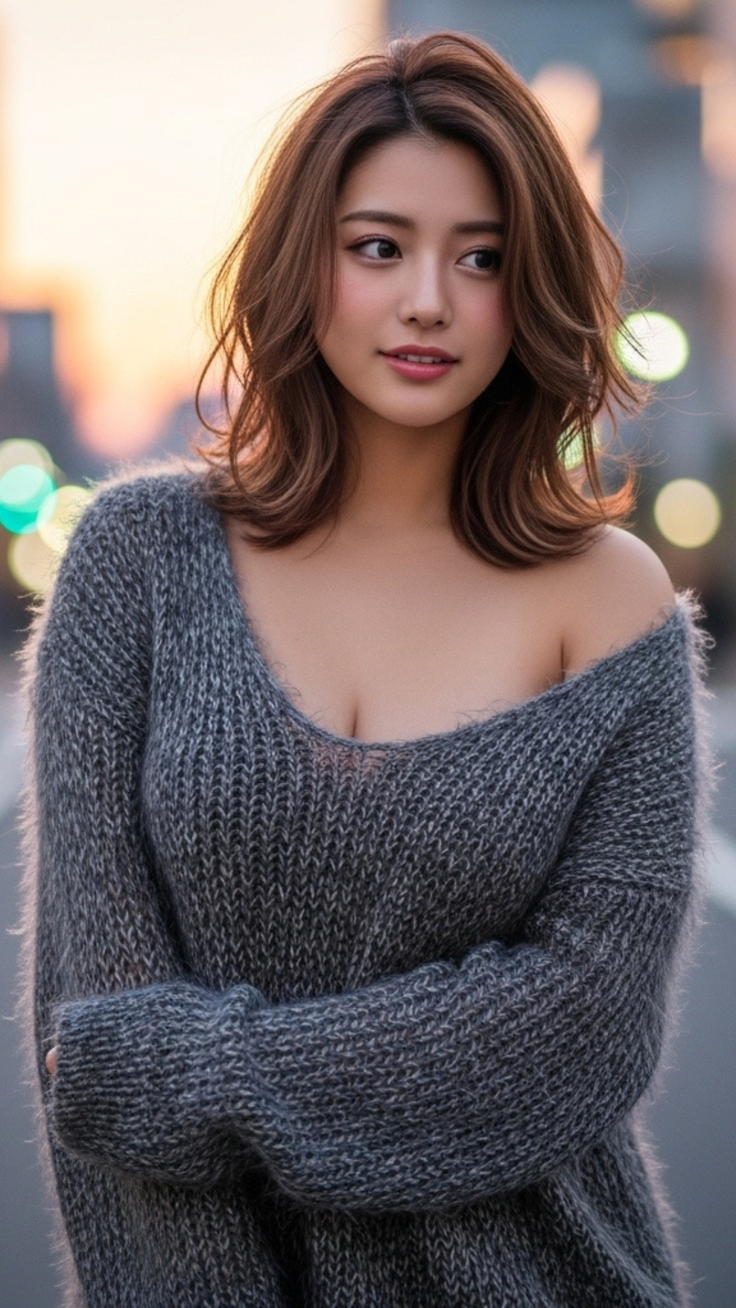 Woman in an off-shoulder sweater with cleavage visible, outdoors with soft lighting