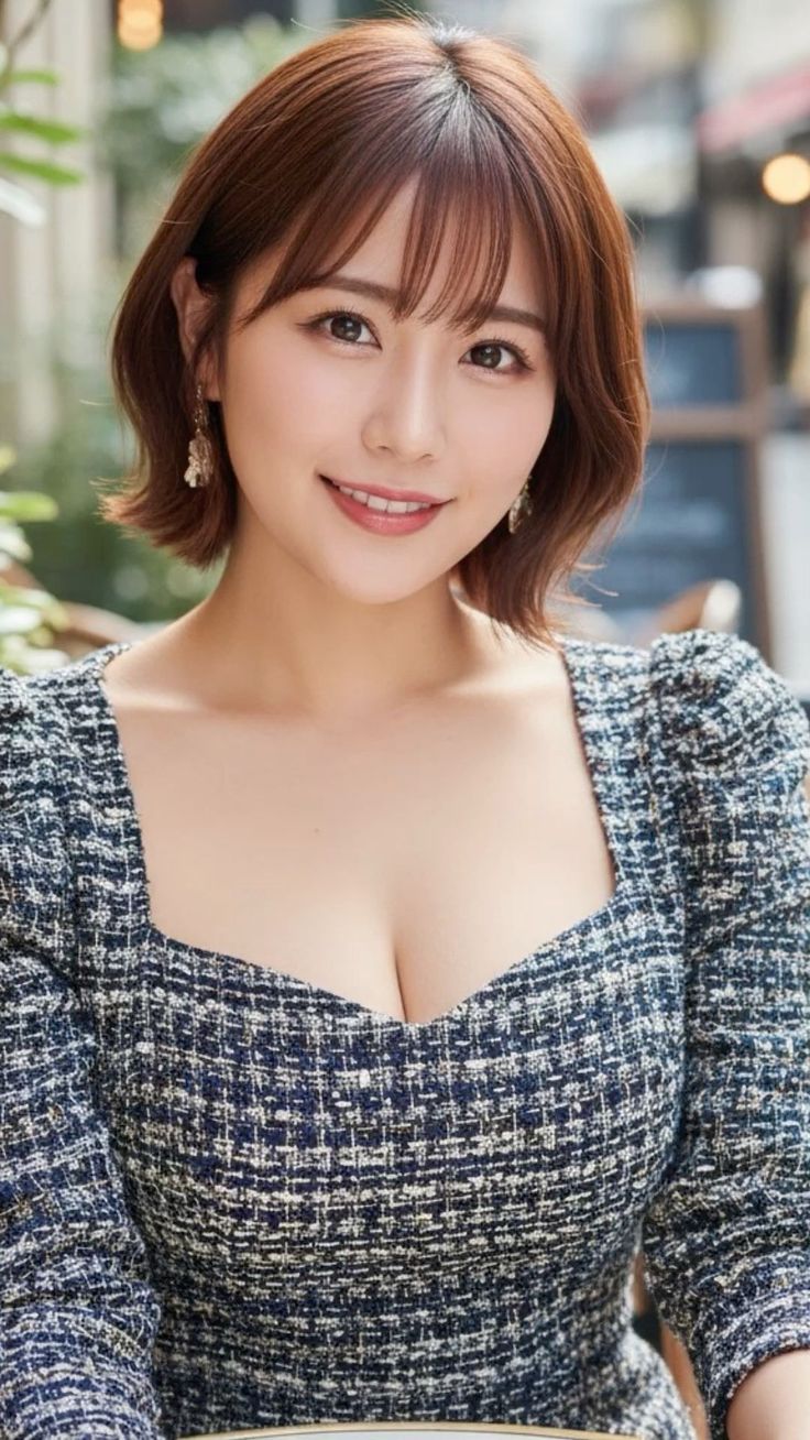 Woman with short brown hair wearing a tweed dress with cleavage