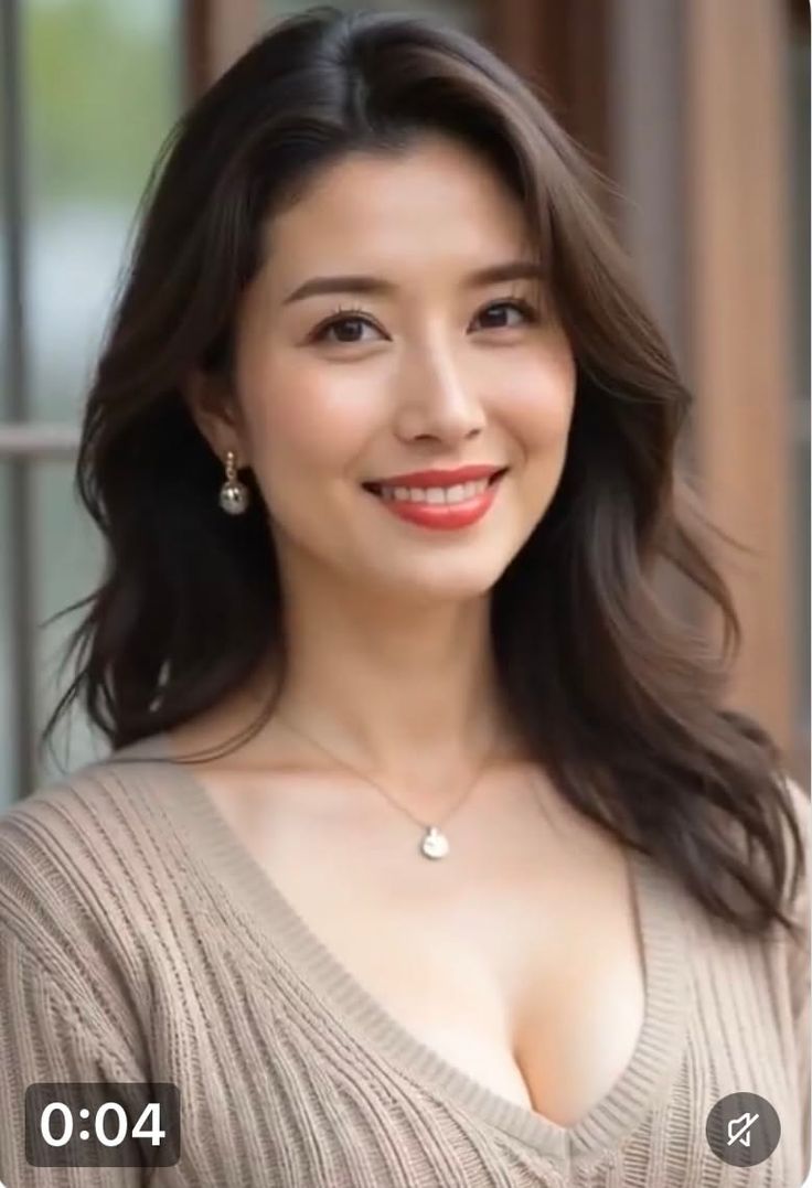 Woman with long hair and a v-neck sweater smiling at the camera