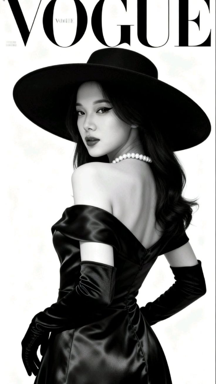 Woman in a black off-shoulder dress and wide-brim hat with a pearl necklace