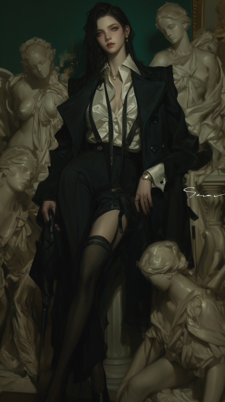 Woman in a white shirt and black coat with stockings and garter belt among statues