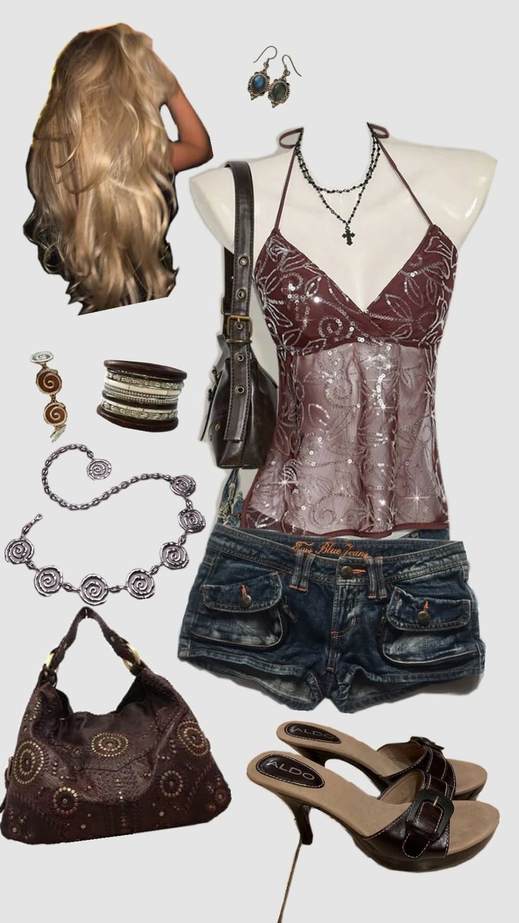 Flat lay of a sequined top, denim shorts, and accessories