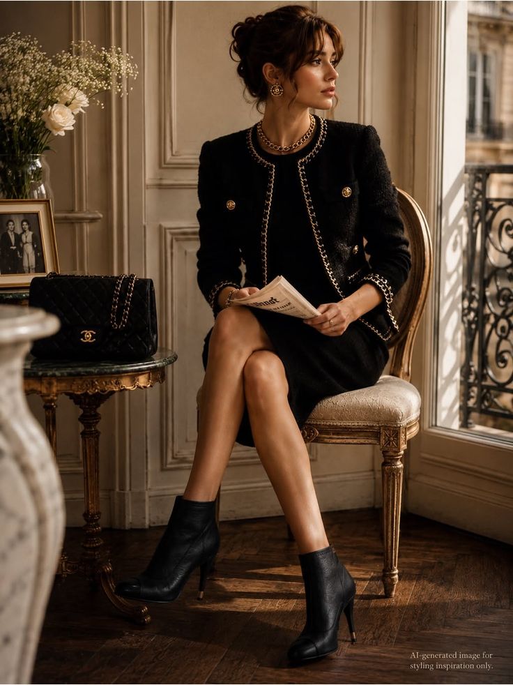 Woman in a black jacket with gold chain details sitting indoors