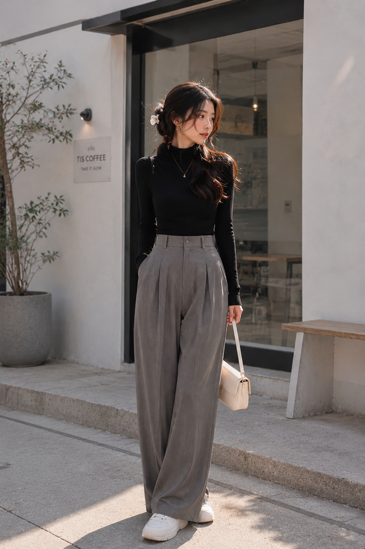 Woman in a black turtleneck and grey wide-leg pants standing outdoors