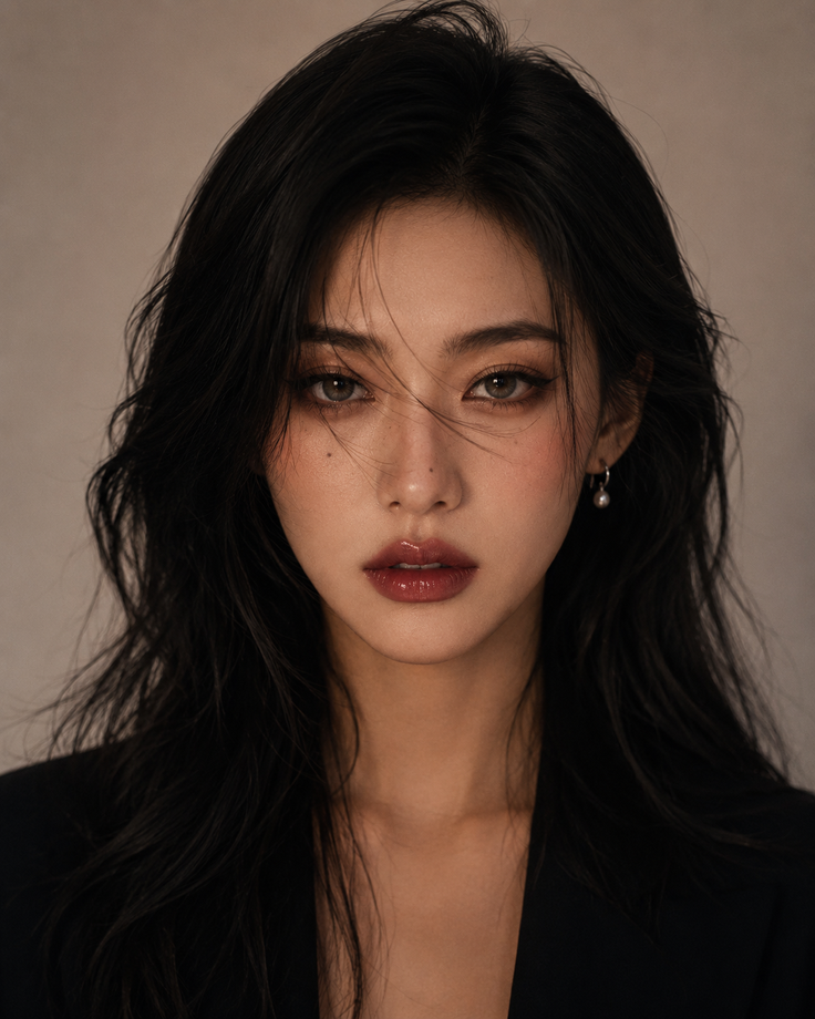 Woman with long black hair and dark lipstick wearing a black blazer