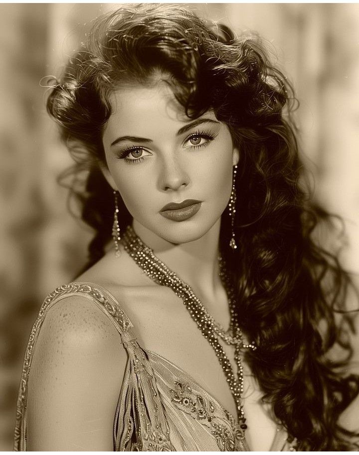 Woman with long curly hair and ornate jewelry in a sepia-toned portrait