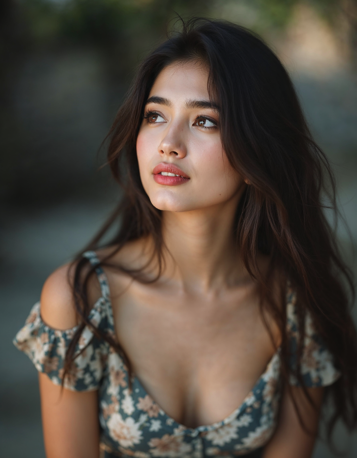 Woman with long dark hair wearing a floral off-shoulder dress