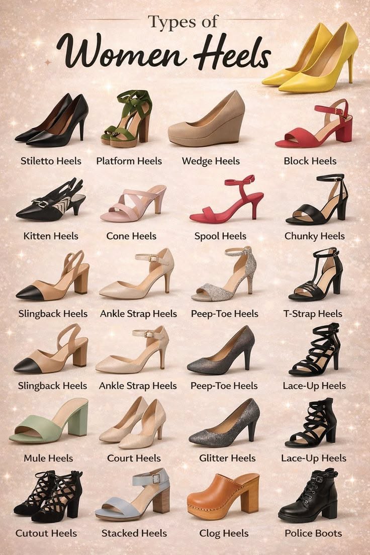 A visual guide displaying various types of women's high heels