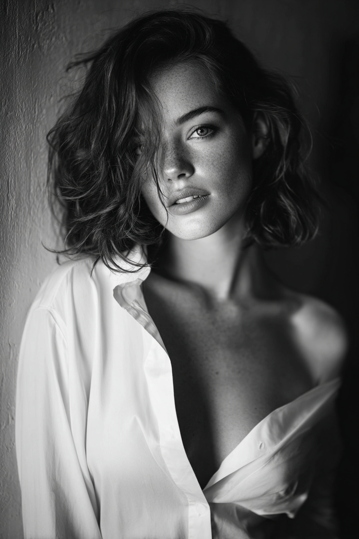 Woman with short hair and freckles wearing an unbuttoned white shirt
