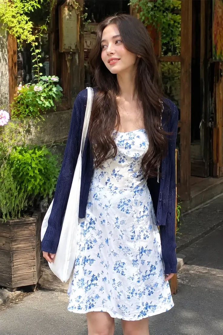 Woman in a white floral dress and blue cardigan outdoors