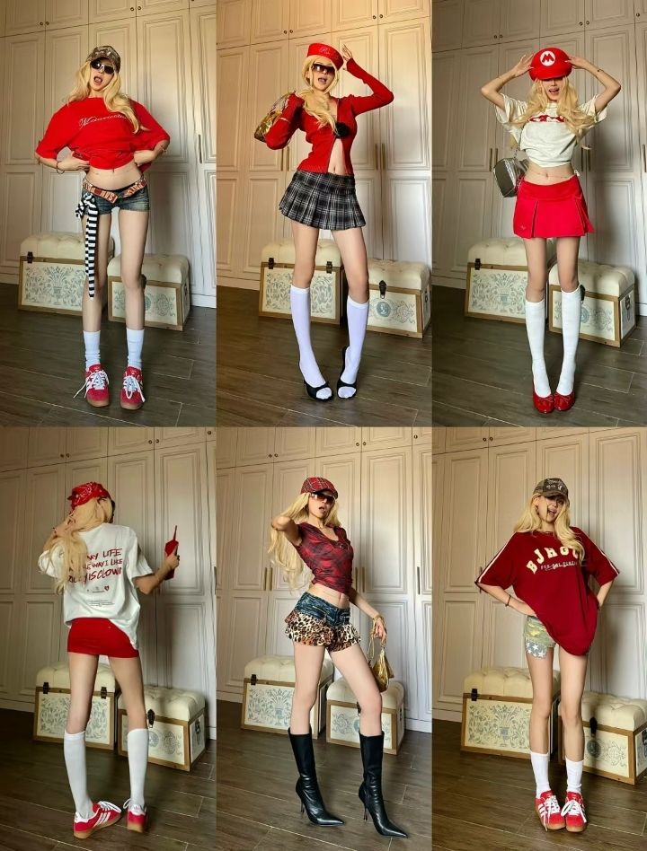 Woman with blonde hair posing in six different outfits indoors