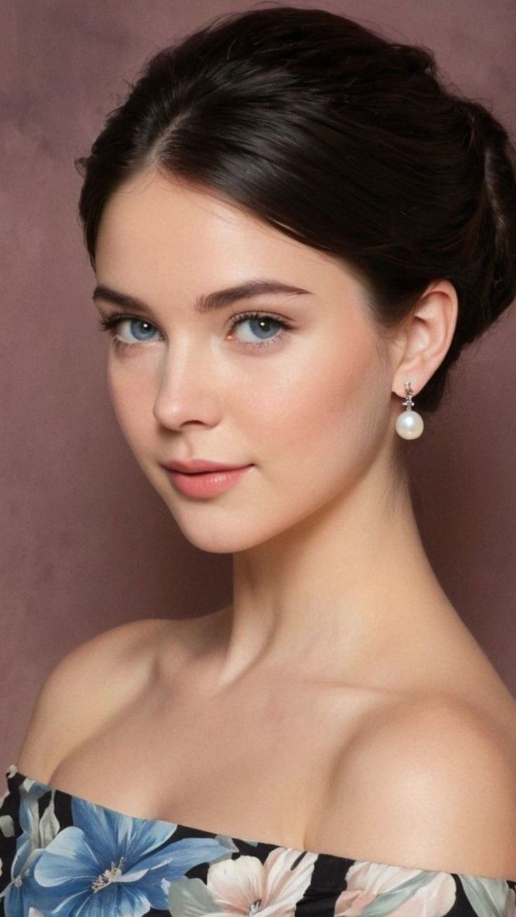 Woman with blue eyes and dark hair wearing pearl earrings and a floral off-shoulder top