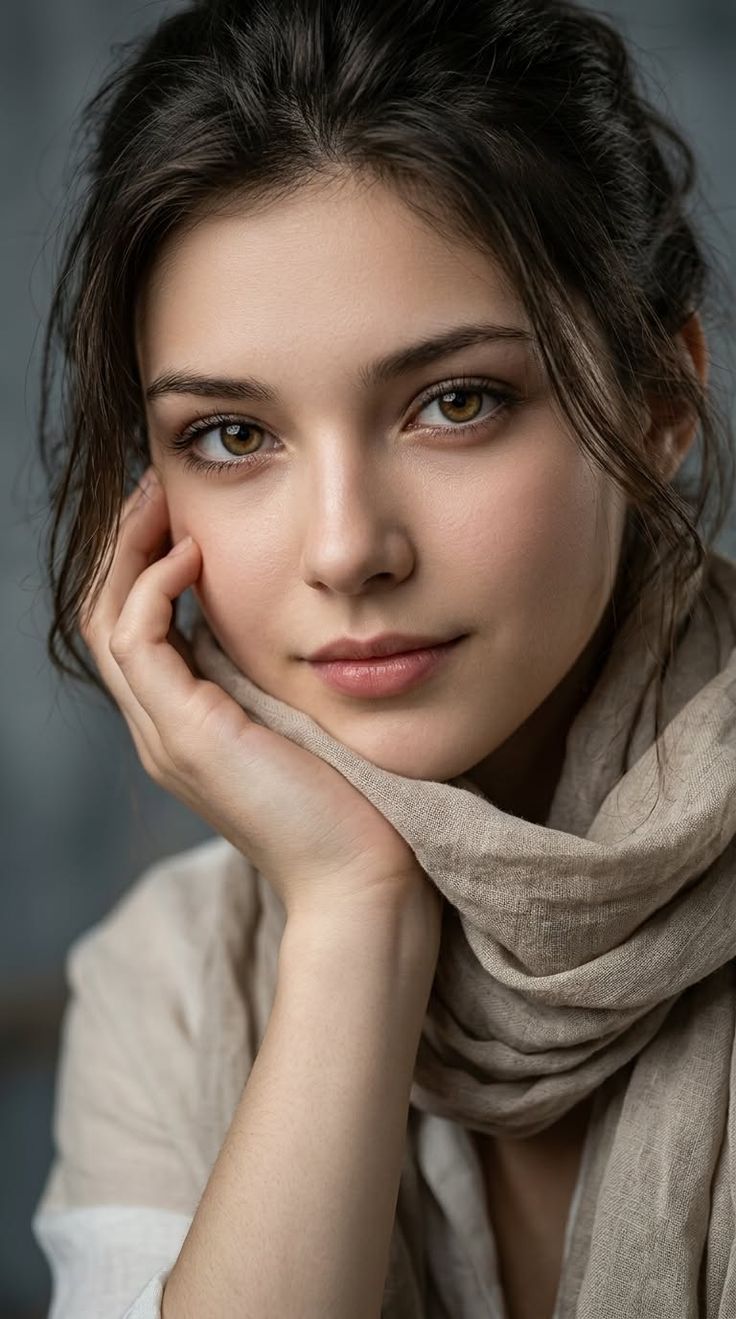 Woman with brown hair and a beige scarf, resting her chin on her hand