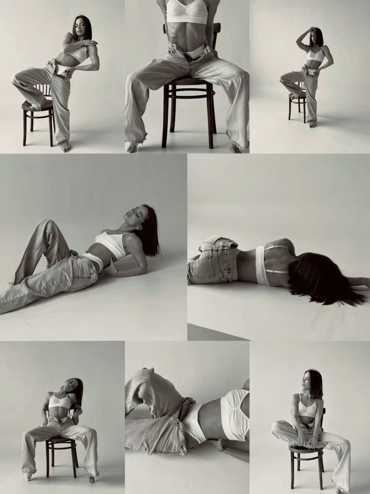 Multiple black and white shots of a woman in a white bra and loose jeans