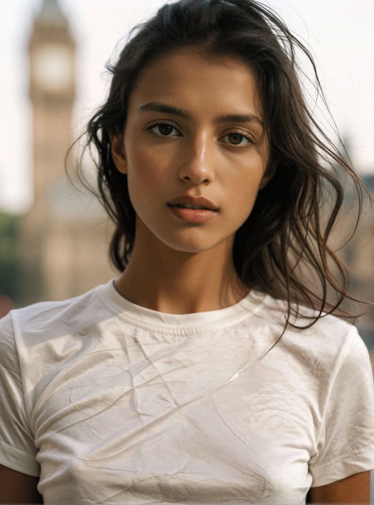 Woman with long hair in a white t-shirt outdoors with a blurred background