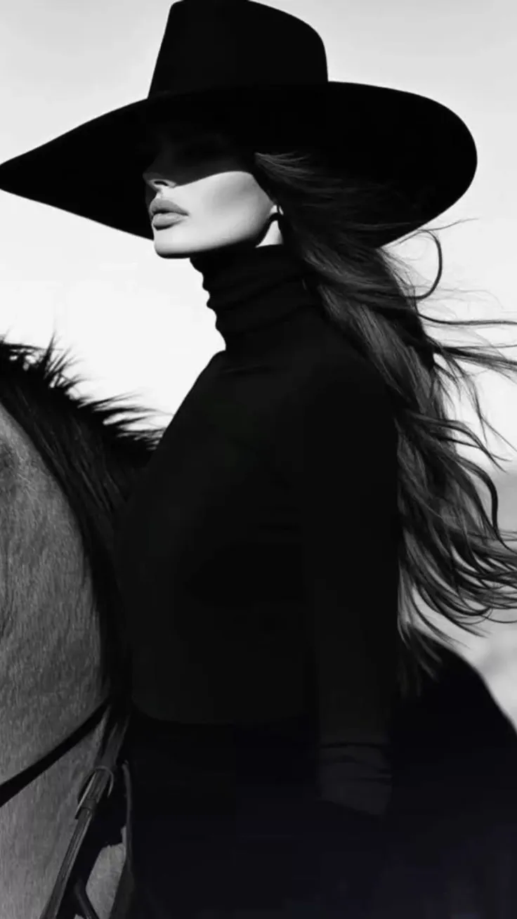 Woman in a wide brim hat and turtleneck on horseback in black and white