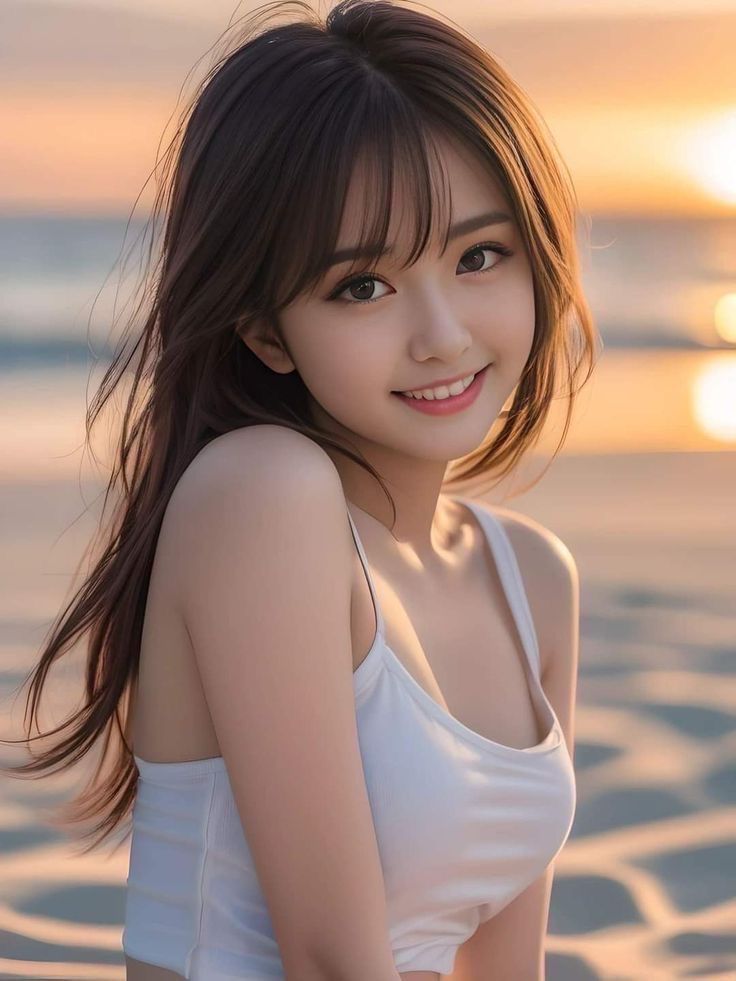 Woman in a white tank top on a beach at sunset